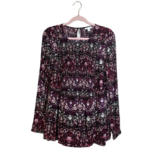 J. Jill Smocked Tunic Blouse Abstract Print Purple Long Sleeve size SMALL - Picture 4 of 9